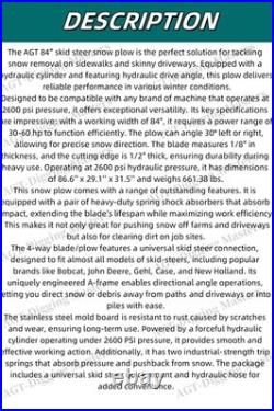 AGT SPA84 84 Hydraulic Skid Steer Snow Dozer Blade Attachment Quick Tach