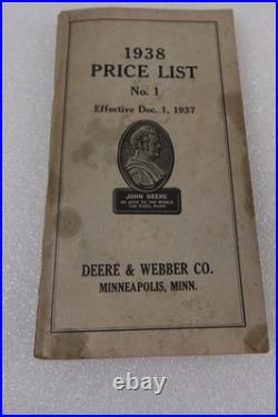 Antique Deere And Webber Farm Tractors & Plows Price List 1938 #1 Minneapolis