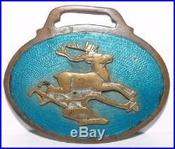 Antique John Deere Leaping Deer Over Plow Pocket Watch Fob Blue Turquoise Enamel