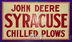 Vintage JOHN DEERE SYRACUSE CHILLED PLOW Tin Sign Original Embossed Farm Feed