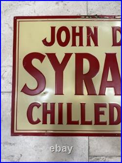 Vintage JOHN DEERE SYRACUSE CHILLED PLOW Tin Sign Original Embossed Farm Feed