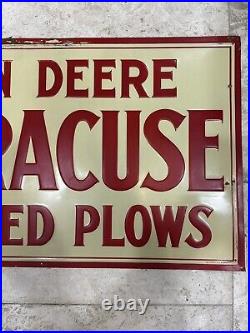 Vintage JOHN DEERE SYRACUSE CHILLED PLOW Tin Sign Original Embossed Farm Feed Vintage JOHN DEERE SYRACUSE CHILLED PLOW Tin Sign Original Embossed Farm Feed
