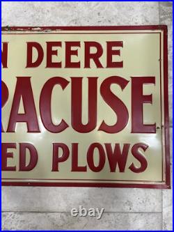 Vintage JOHN DEERE SYRACUSE CHILLED PLOW Tin Sign Original Embossed Farm Feed