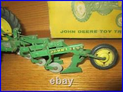 Vintage JOHN DEERE Toy Tractor & Plow with Tractor Box some condition issues