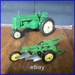 Vintage John Deere Toy Tractor & Plow 2 Pcs Eska Model 60 Cast Metal Green Farm