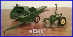 Vintage john deere plow and hay baler lot 1950's eska tractor toy antique